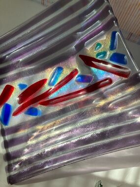 Large infused iridescent glass Dish with Red and Blue Accents purple stripes